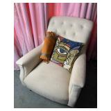 Button-Tuffed Upholstered Armchair & Throw Pillows