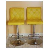 2 Yellow Vinyl Button-tufted Adjustable Barstools