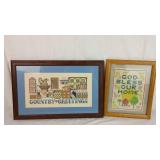 Two Framed Country Cross-Stitch Pieces
