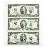 3 - 1976 Jefferson $2 Dollar Bills