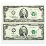 2) 1976 $2 Dollar Jefferson Bills - US Currency