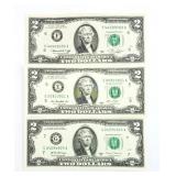 3) $2 Dollar Jefferson Bills 76,13,17 US Currency