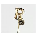 1/20 12K GOLD Letter R Lapel Pin with Diamond Chip