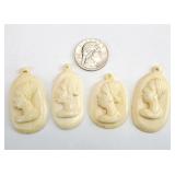 4) African Carved Bone Jewelry Charms, Pendants