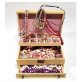 40+pc Mid Century Pink Lined Jewelry Box Full