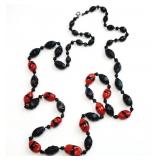 38" Black, Red Glass Beaded Necklace
