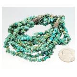 Turquoise Bead Multi Strand Silver Cone Necklace