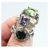 3 Silver Tone, Size 6 Gemstone Marcasite Rings