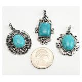3 Silver Tone Turquoise Stone Necklace Pendants