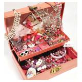 Vtg. 40+pc Pink Jewelry Box, Necklace, Bracelet +