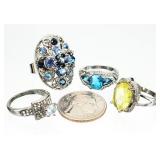 4 Silver Tone Costume Jewelry Gemstone Sz 8 Rings