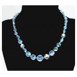 14" Blue Iridescent Glass Beaded Choker Necklace