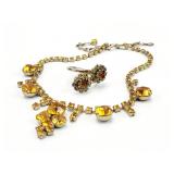 Vtg. 14" Amber Rhinestone Necklace & Ring