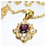 Genuine Garnet Gemstone Crystal Gold Tone Necklace