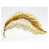 Vtg. Mid Century Gold Tone Feather BROOCH Pin