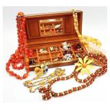 35pc Vtg. Costume Jewelry & Box, Necklace, Earring