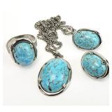 4pc Turquoise Gemstone Necklace, Earrings, Ring