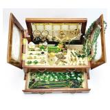 40+pc Vtg. Green Colored Costume Jewelry & Box