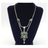 Vtg. Silver Tone Emerald Stone Victorian Necklace
