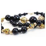 21" Black, Gold Enameled Bead Necklace