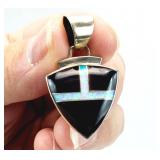 Sterling Silver MOP, Onyx Necklace Shield Pendant
