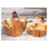 2) Hand Carved Burl Wool Tree Root Baskets
