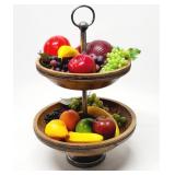 2 Tier Wood Dough Bowl Stand + Faux Fruit