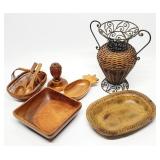 8pc Wicker Vase, Wood Bowl, Basket + More