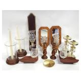 12pc Wood, Glass Candle Stick Holders, Shades +