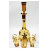 Vtg Hand Painted Amber Tone Art Glass Decanter Set