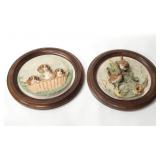 2pc Wood Framed Dogs, Birds Porcelain Wall Plaques