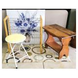 4pc Wood Side Table, Stool, Art, Wire Shelf as-is