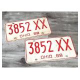 2) 1968 Red & White OHIO State Car License Plates