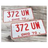2) 1970 Red & White OHIO State Car License Plates