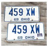 2) 1969 Blue & White OHIO State Car License Plates