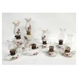 8) Moss Rose Miniature Oil Lamps, Chimneys as-is