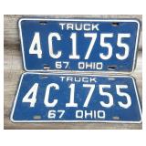 2) 1967 Embossed Metal OHIO Truck License Plates