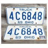 2) 1969 Embossed Metal OHIO Truck License Plates