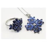 Sterling Silver Sapphire Necklace, Ring Set 10.32g