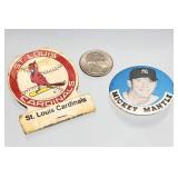 Vtg Yankee's Mickey Mantle Button, Cardinals Match