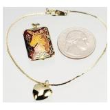 Gold Tone Heart Bracelet, Enameled Unicorn Pendant