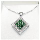 .925 Sterling Silver Emerald, Diamond Necklace