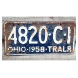 1958 Embossed Metal OHIO Trailer License Plate