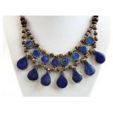 Brass, Wood Beaded Lapis Stone Necklace