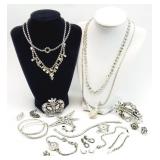 20+pc Silver Tone Rhinestone Costume Jewelry