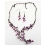 21' Silver Tone Purple Pearl Necklace, Earrings