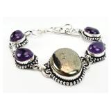Sterling Silver Pyrite Agate, Amethyst Bracelet