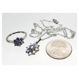 .925 Sterling Silver Amethyst Necklace, Ring 3.43g