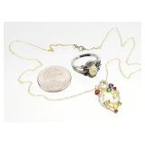 Sterling Silver Multi Stone Necklace, Ring 8.13g