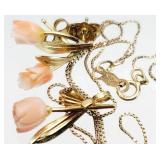 10K Gold Rose Quartz Necklace, Earrings Set